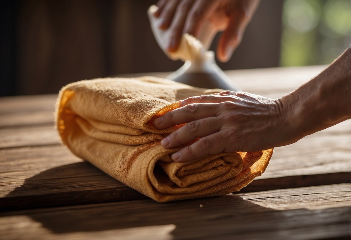 A hand holding a cloth soaked in shellac remover, wiping it across a wooden surface, with the shellac beginning to dissolve and lift off