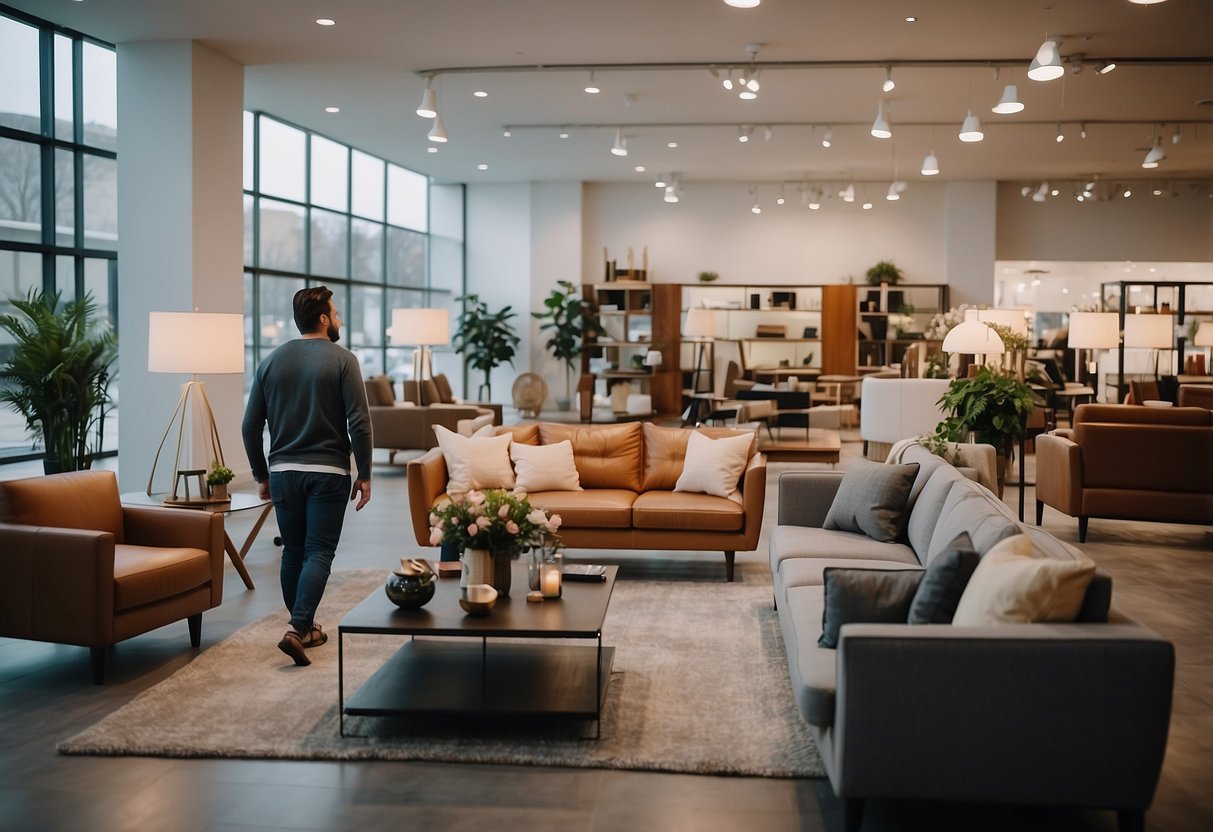 Customers browsing furniture displays in a spacious showroom with various styles and designs