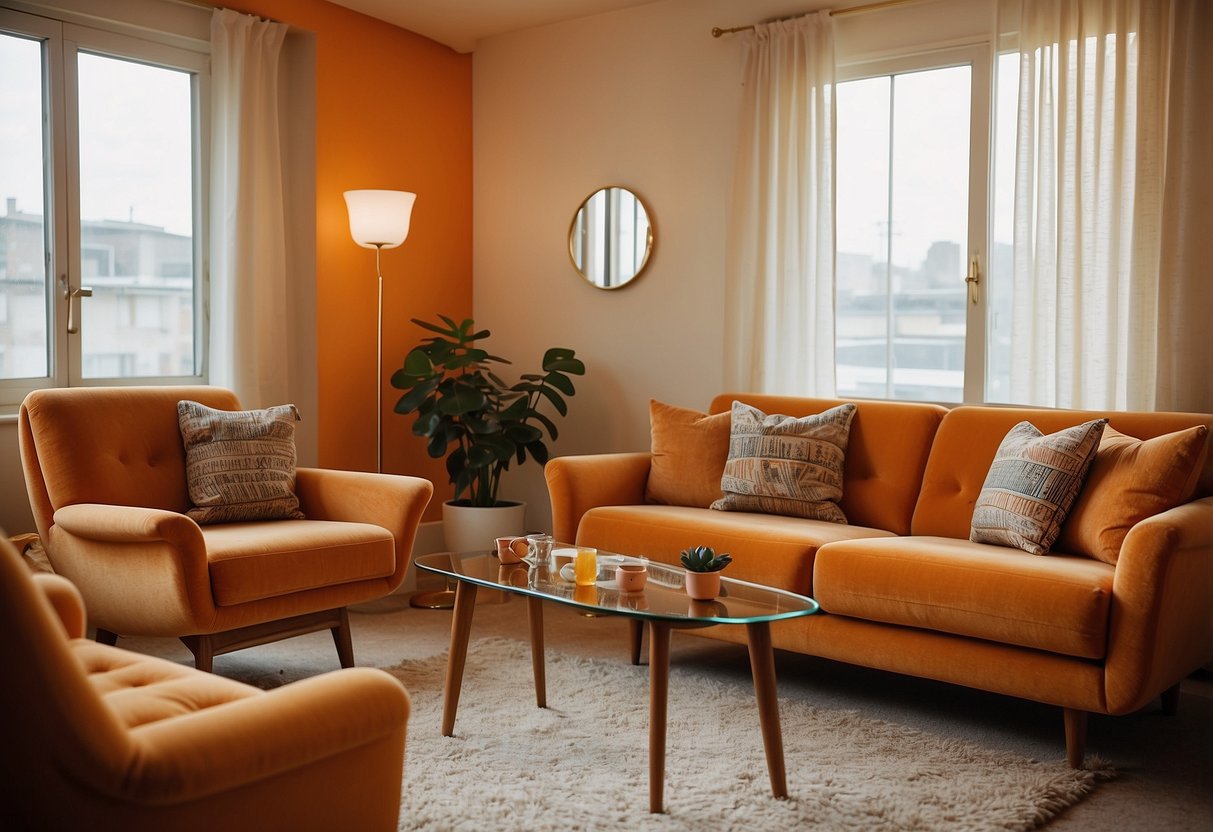 A living room with 70s retro furniture: a low-slung, orange corduroy sofa, a shag carpet, a sunburst mirror, and a lava lamp on a side table