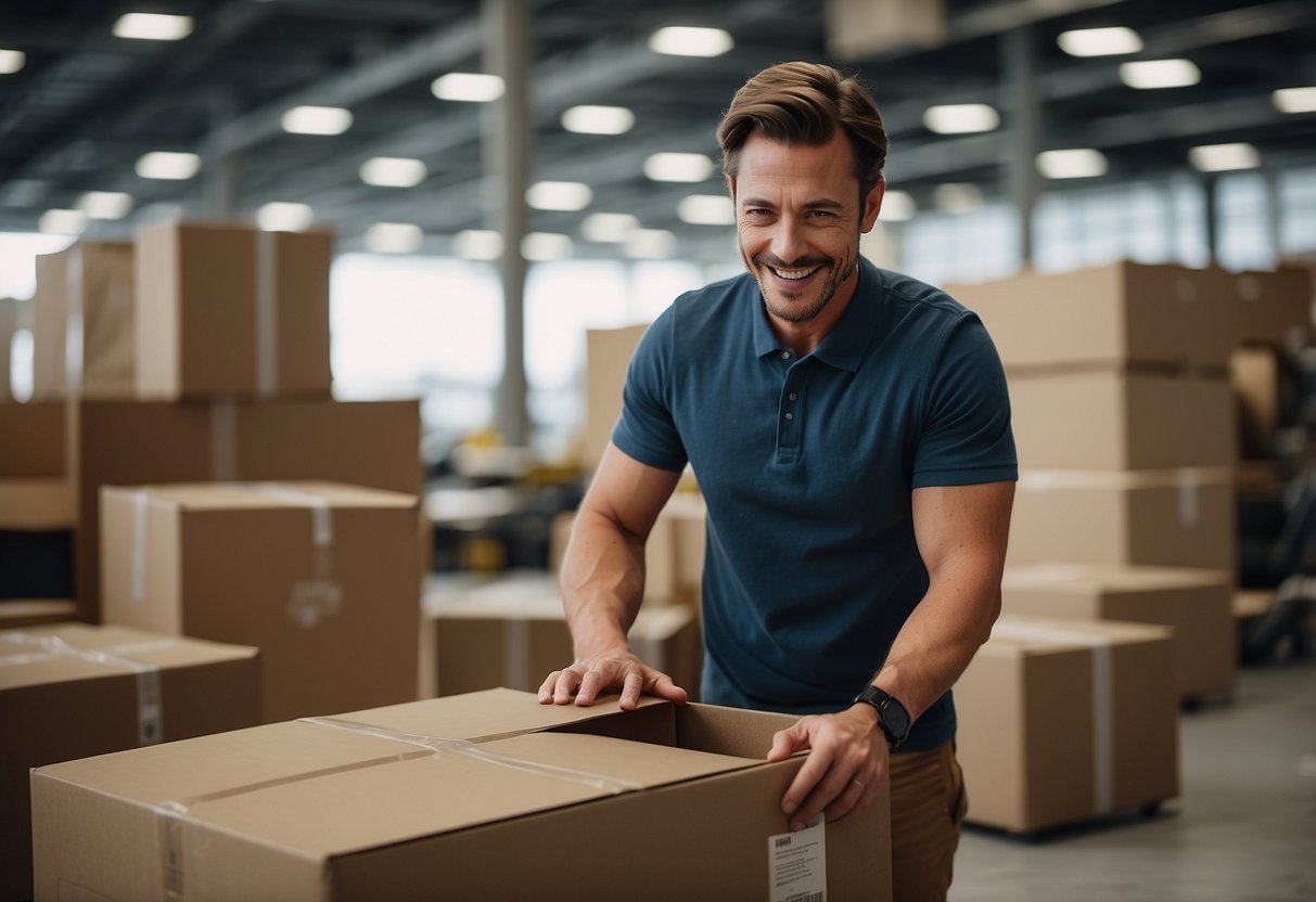 A customer happily unboxes and assembles their new IDdesign furniture, admiring the modern design and quality craftsmanship