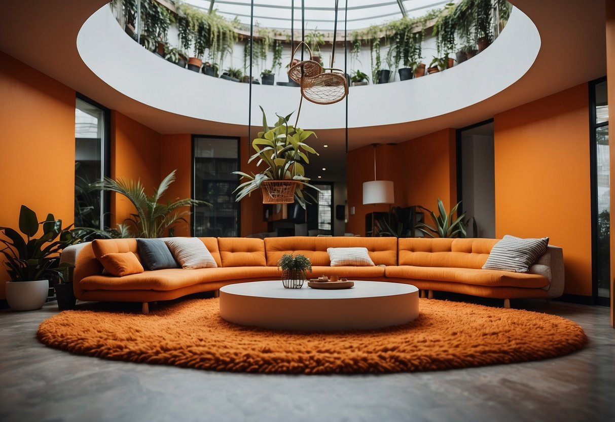 A living room with orange shag carpet, a sunken conversation pit with plaid cushions, a curved sofa, and a hanging macramé plant holder