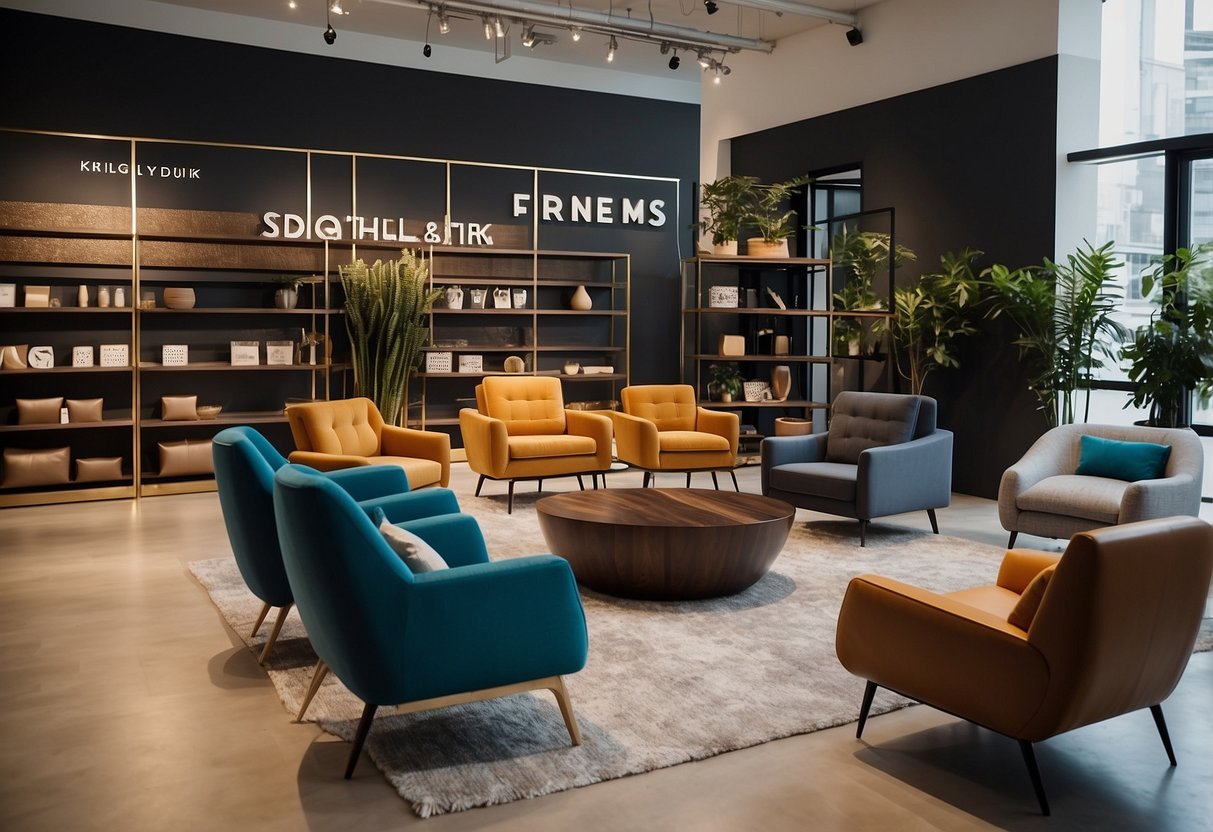 A modern, minimalist furniture showroom with a display of sleek chairs, tables, and shelves. A sign reads "Frequently Asked Questions" in bold letters