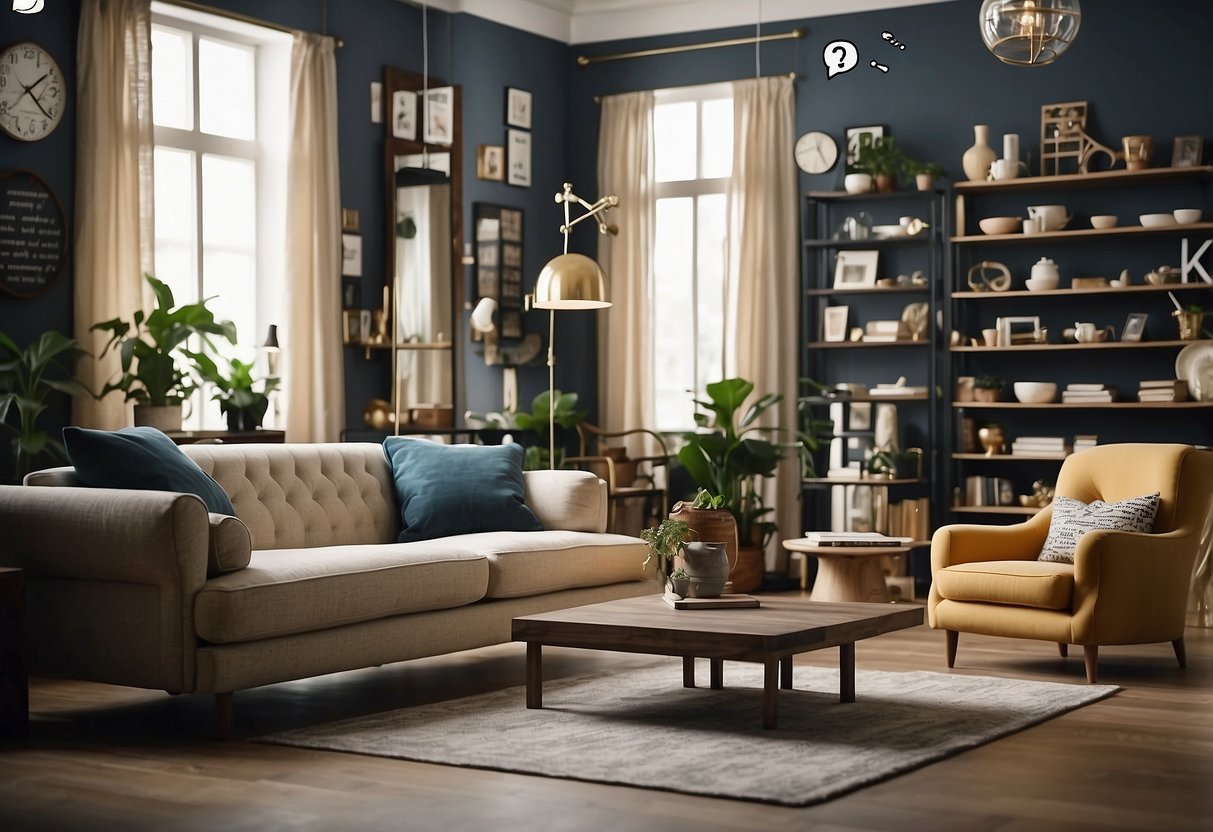 A room with various furniture pieces and text bubbles with common questions about furniture