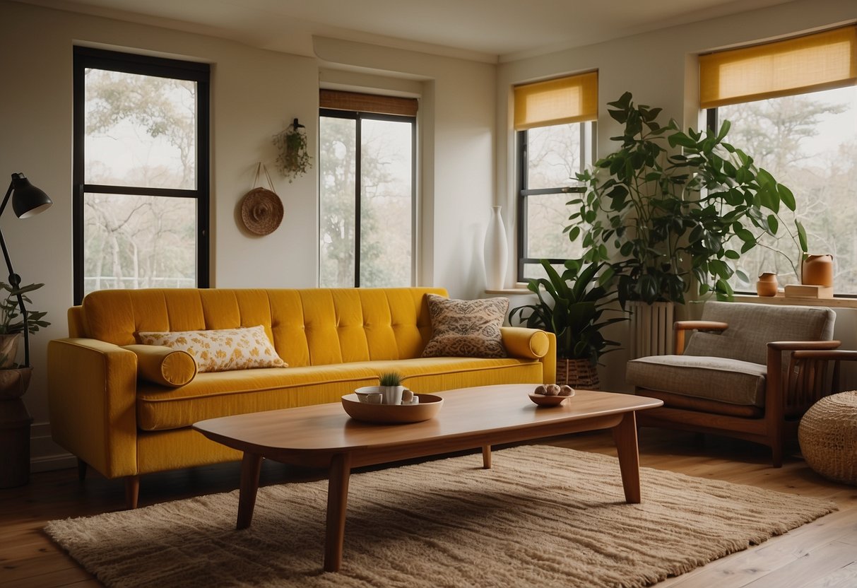 A living room with vintage 70s furniture: a mustard yellow corduroy sofa, a wooden coffee table with tapered legs, and a shag rug