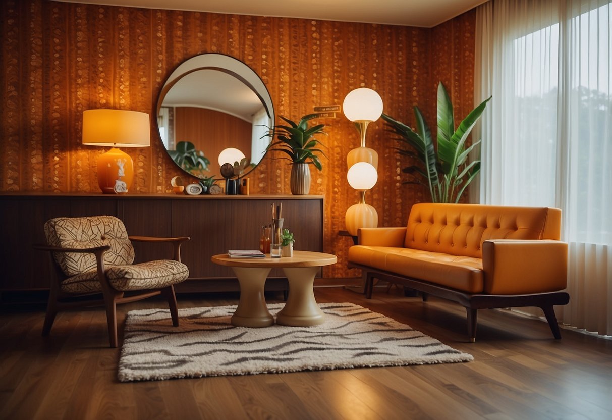 A room with 70s retro furniture, including a shag carpet, bold patterned wallpaper, a sunburst mirror, and a lava lamp on a side table