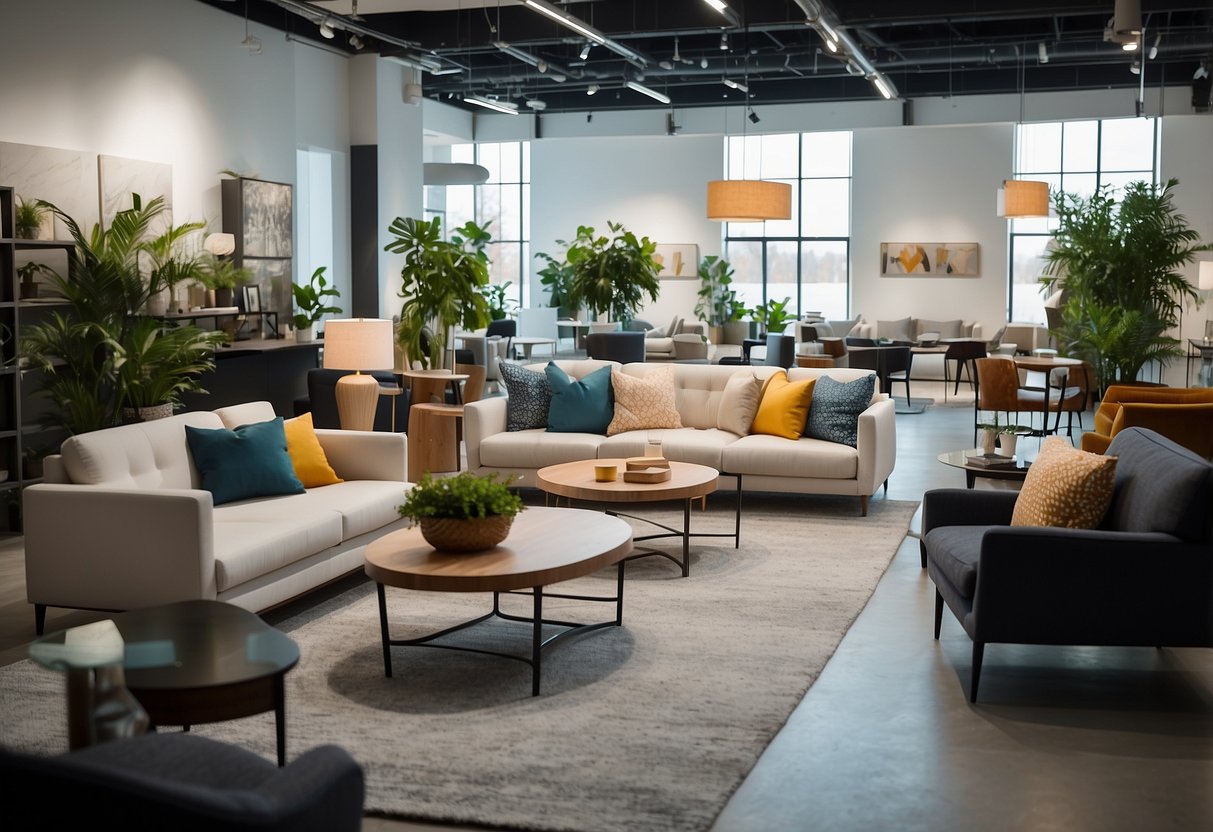 A bright, spacious showroom with rows of stylish, budget-friendly furniture. Customers browse and chat with sales associates