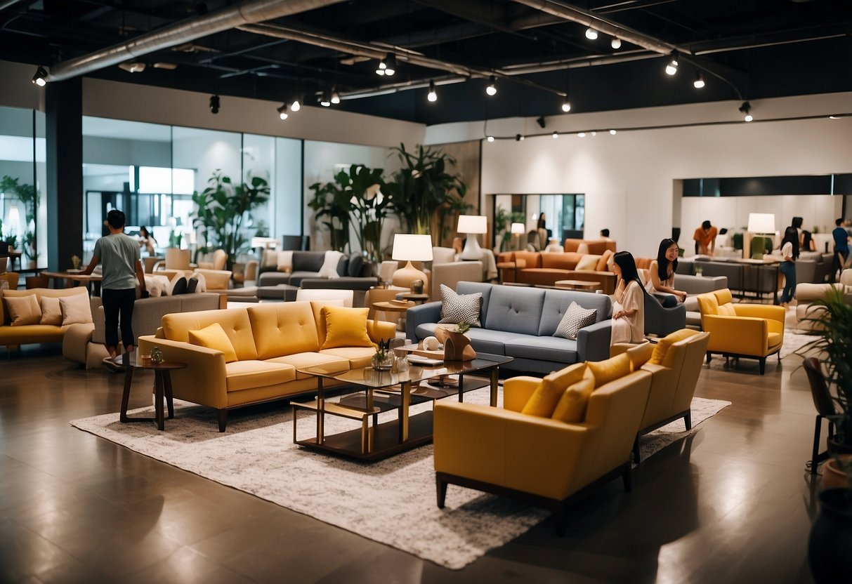Customers browsing through a variety of affordable furniture options in a spacious and well-lit showroom in Singapore