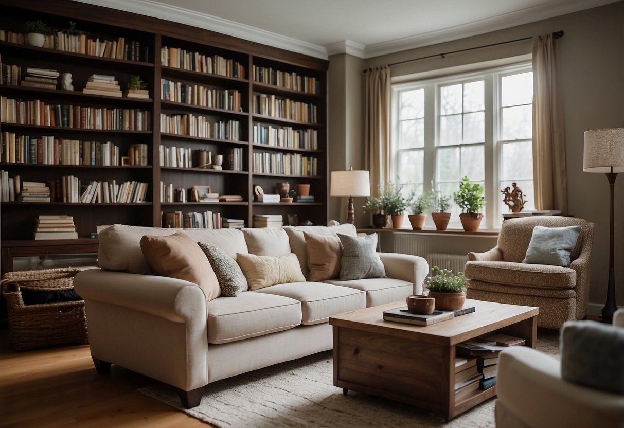 A cozy living room with a comfortable sofa, a coffee table, and a bookshelf filled with books and decorative items. The room is well-lit with natural light coming in from a large window