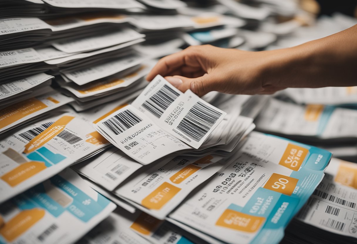 A hand reaches for a stack of coupons, organizing and sorting them into neat piles. Another hand holds a coupon binder, flipping through pages to find matching deals