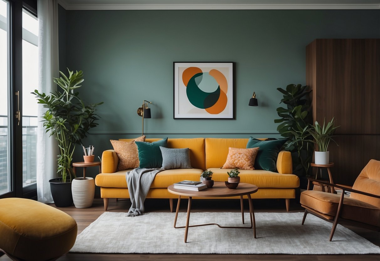 A cozy living room with stylish, affordable furniture from various shops. Bright colors, modern designs, and comfortable seating arrangements