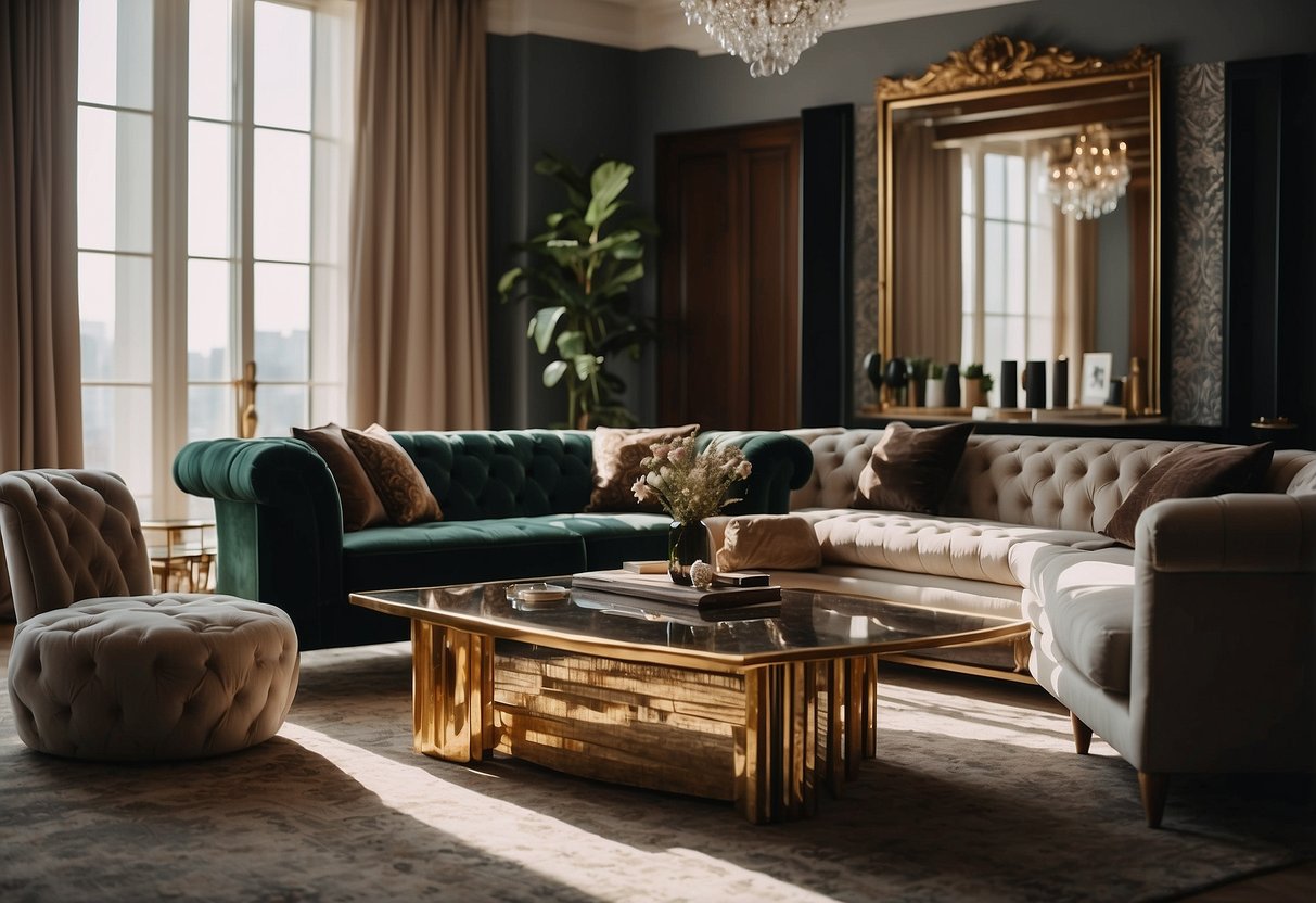 A luxurious sofa and armchair sit in a sunlit room, surrounded by elegant coffee tables and plush rugs. Rich colors and textures add to the opulent atmosphere