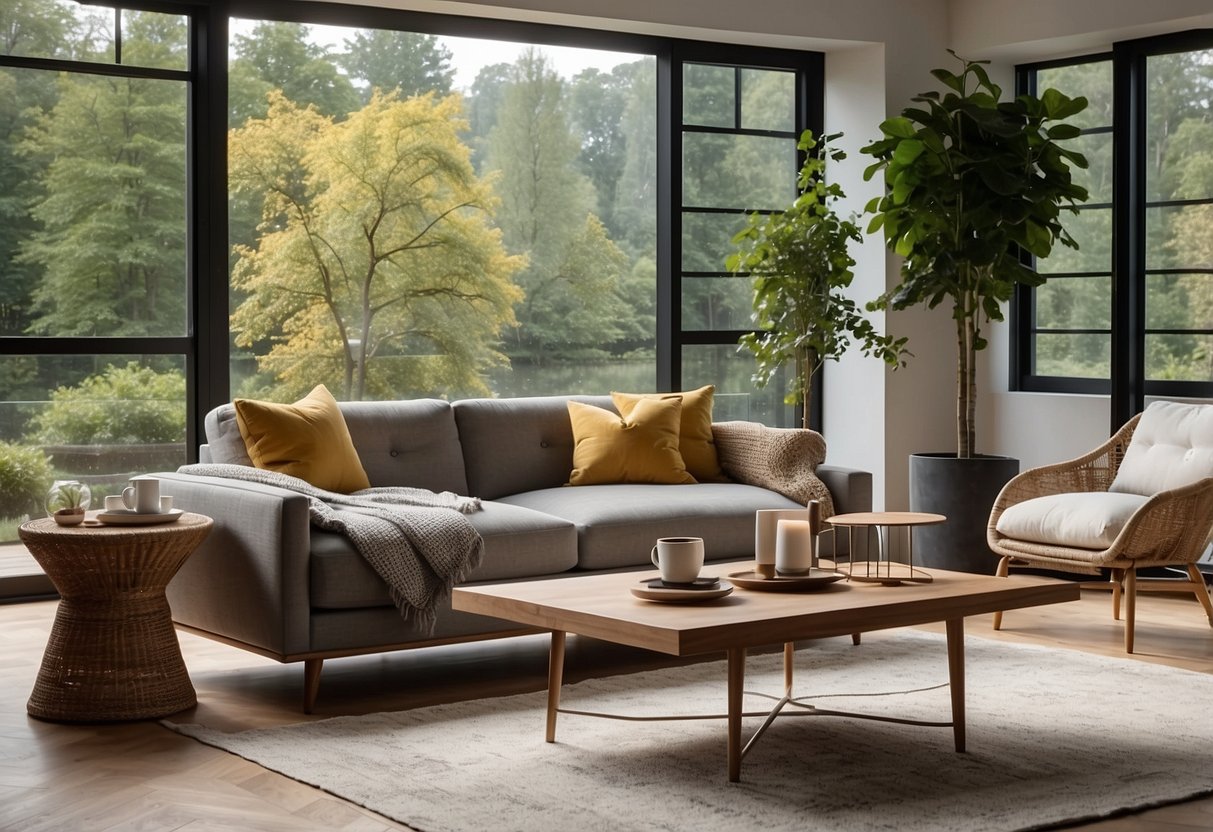 A modern living room with Livano furniture, featuring a sleek sofa, a minimalist coffee table, and a statement armchair. The space is bathed in natural light from large windows, with a view of a lush garden outside