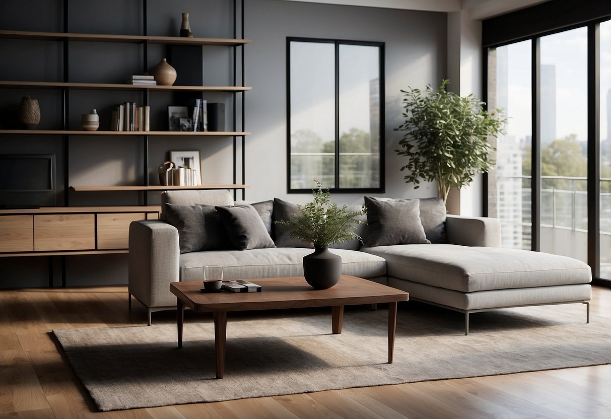 A modern living room with sleek Livano furniture, featuring a minimalist sofa, a stylish coffee table, and a contemporary entertainment unit