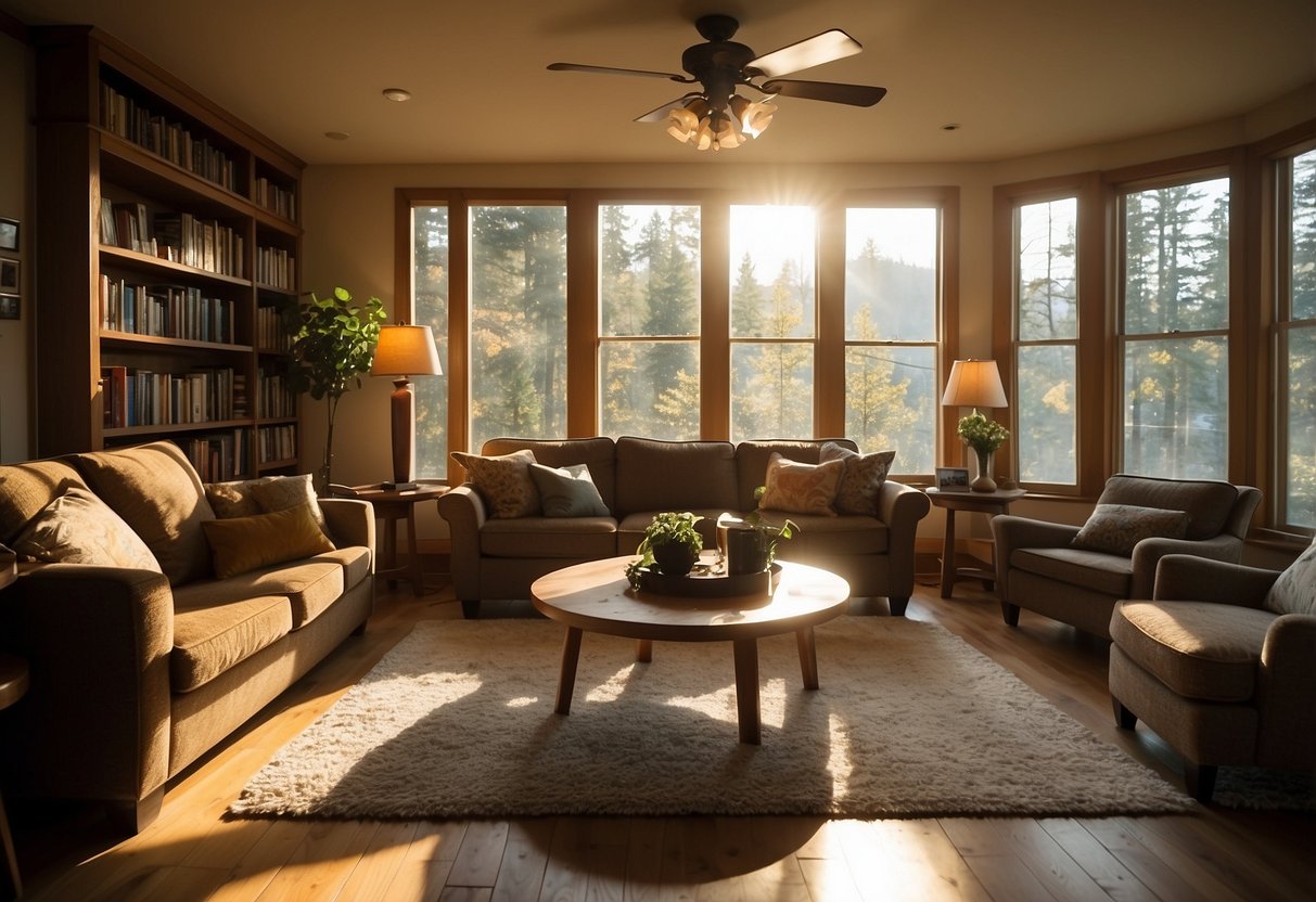 A cozy living room with a maple coffee table, chairs, and bookshelf. Sunlight streams through the window, casting warm, inviting shadows