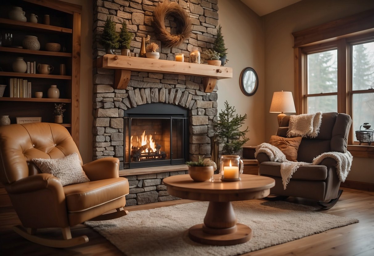 A cozy living room with a warm fireplace, adorned with handcrafted maple furniture, including a sturdy coffee table and a comfortable rocking chair