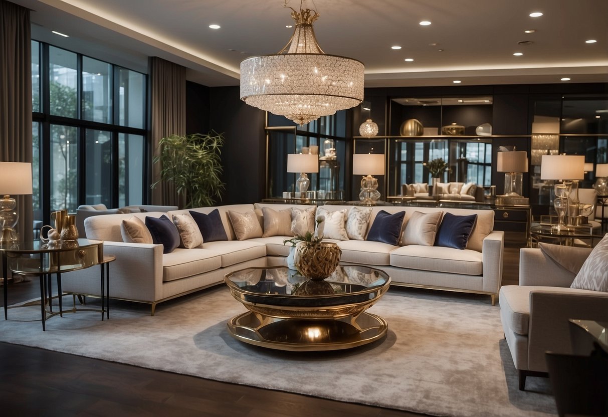 A spacious showroom displays a variety of luxurious furniture collections, with elegant sofas, ornate coffee tables, and stylish lighting fixtures