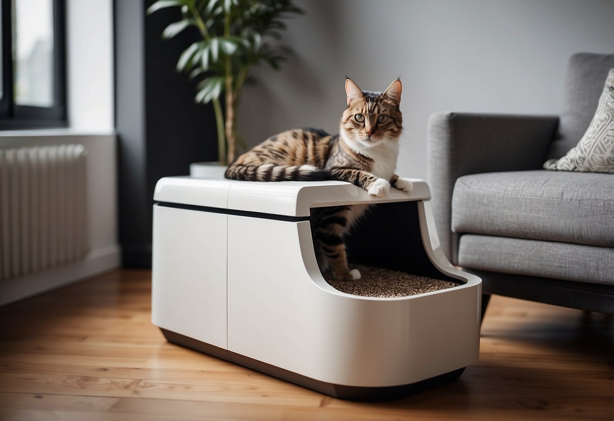 A sleek, modern cat litter box is seamlessly integrated into a stylish piece of furniture, blending in with the surrounding decor