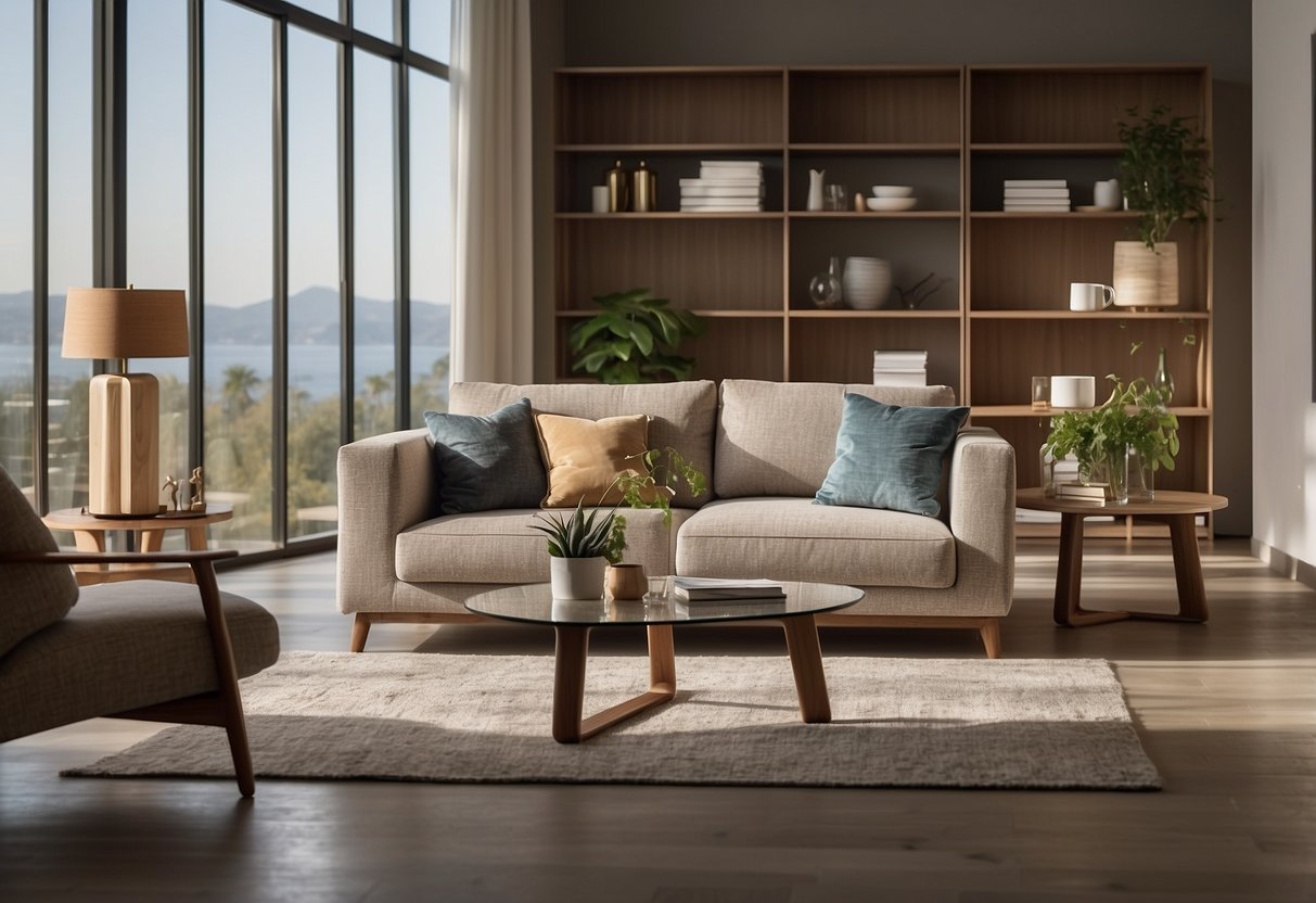 A cozy living room with Livano furniture, featuring a modern sofa, sleek coffee table, and stylish bookshelf, bathed in warm natural light