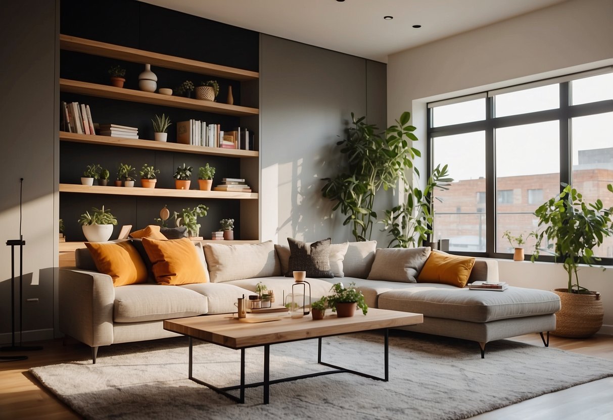 A cozy living room with a modern sofa and coffee table. A bookshelf filled with stylish decor and plants. Bright lighting and warm colors create a welcoming atmosphere