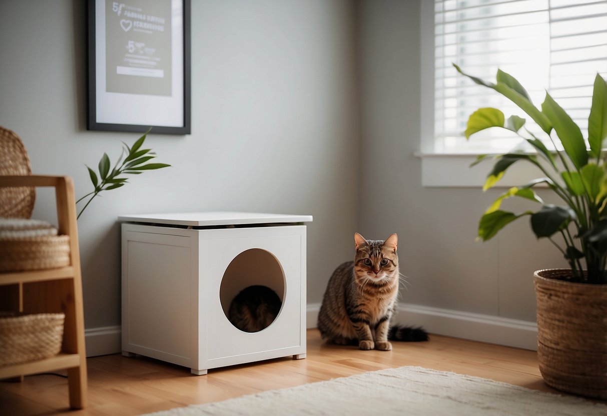 A sleek, modern cat litter box furniture piece sits in a corner of a well-lit room, with a cat confidently entering the box through a discreet opening