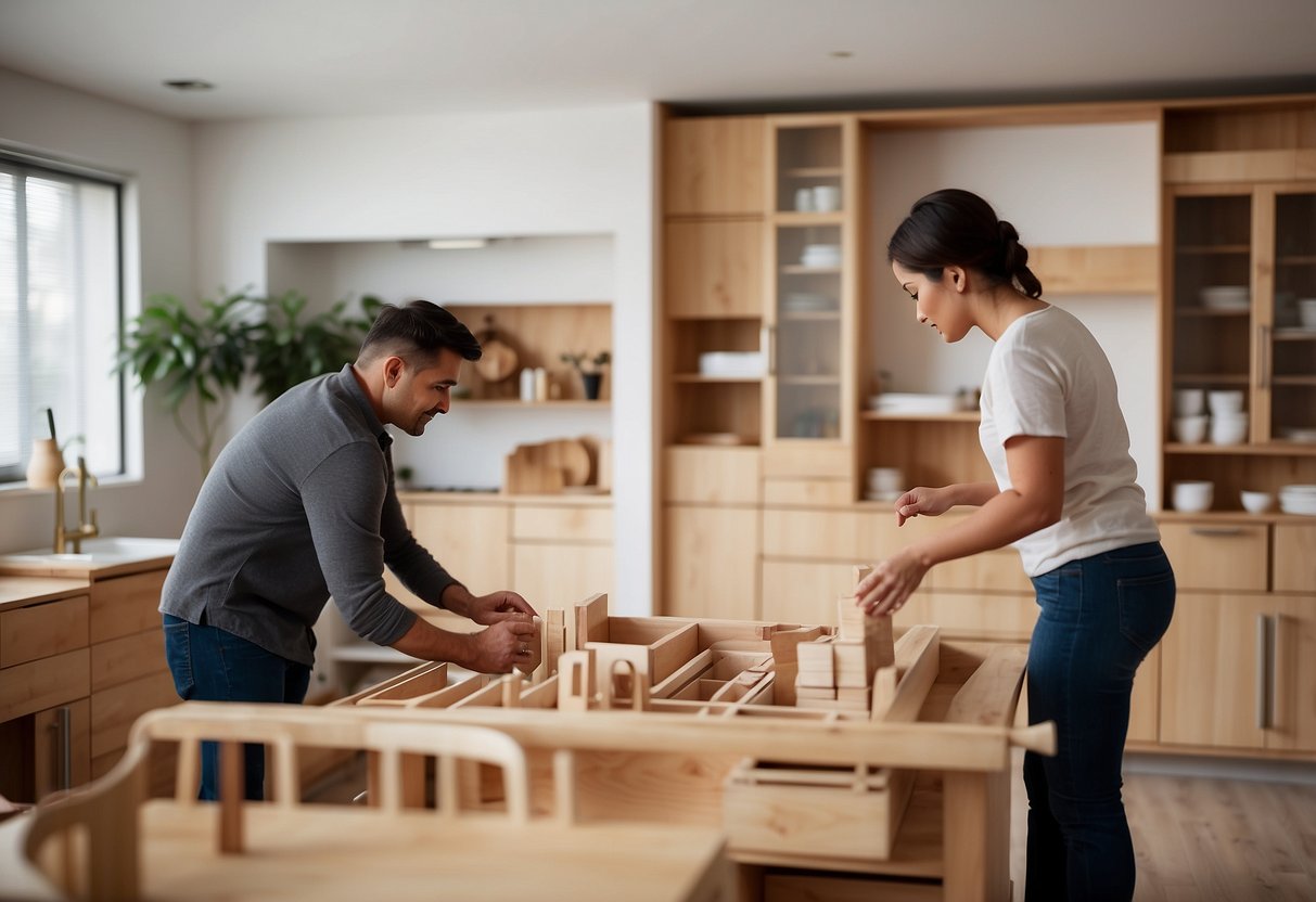 A person selecting and arranging maple furniture in a well-lit room. Care products nearby