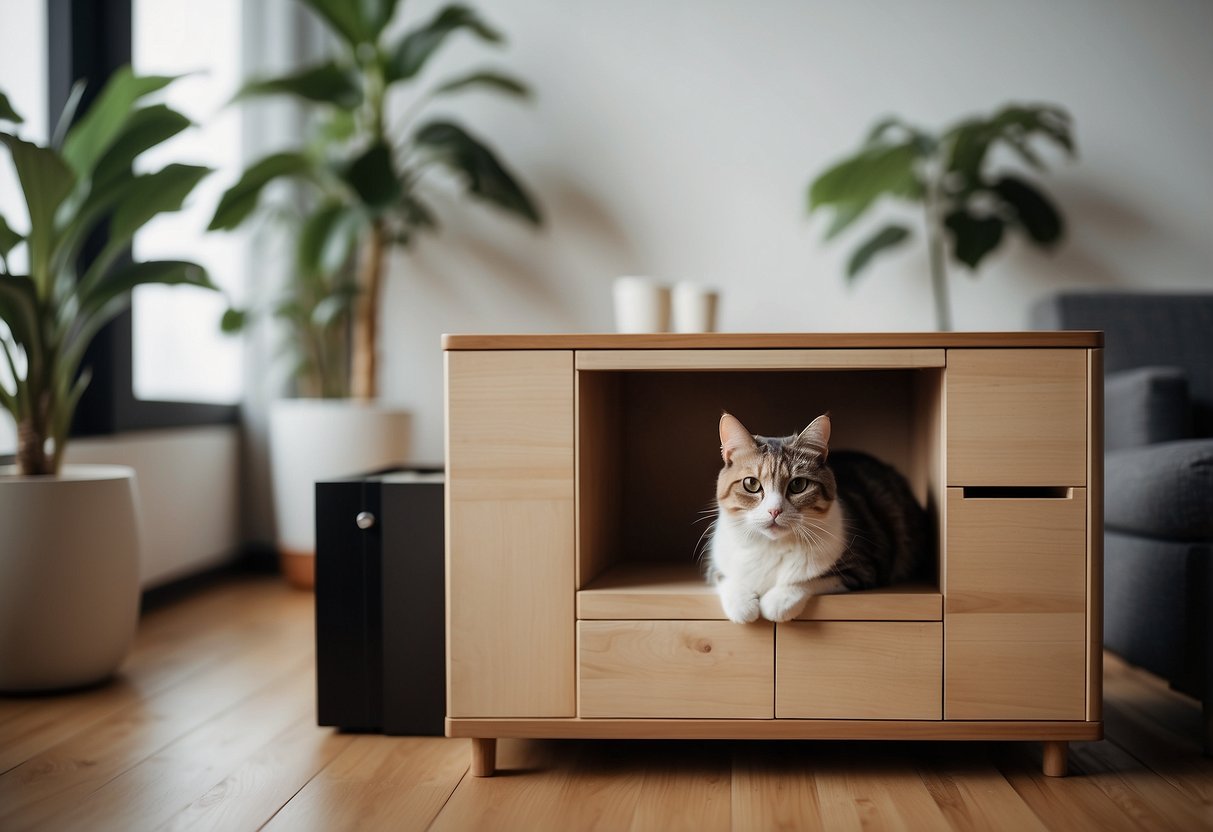 A cat approaches a sleek, modern piece of furniture with a hidden compartment, containing a litter box. The cat looks curious and intrigued by the design