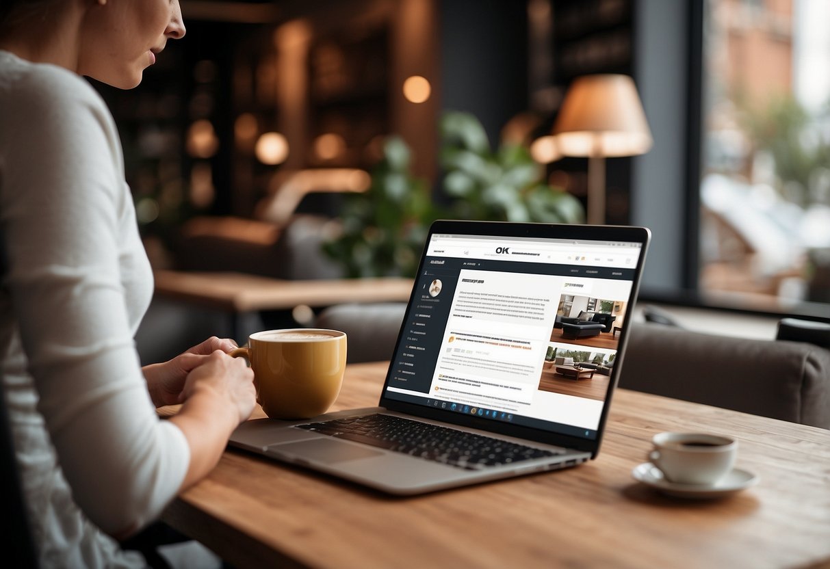 A customer browsing through a list of frequently asked questions about Livano furniture, with a laptop and a cup of coffee on the table