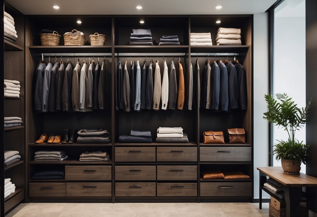 A well-organized men's wardrobe with shelves, drawers, and hanging space for suits, shirts, and accessories