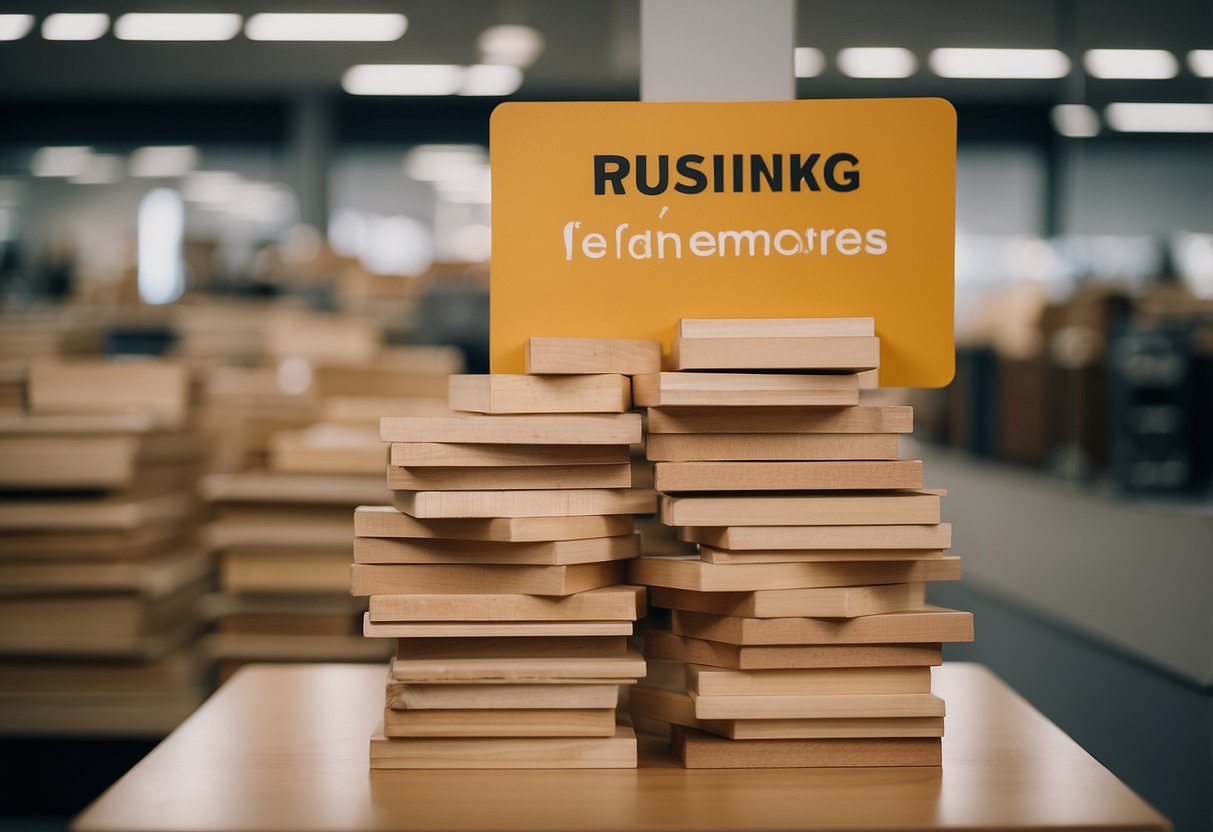 A stack of maple furniture with a "Frequently Asked Questions" sign on a showroom floor
