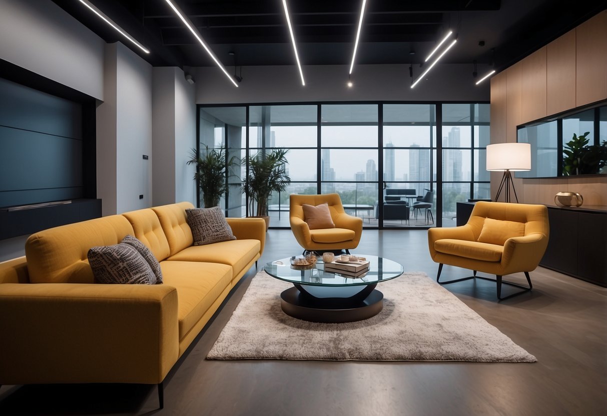 A room with modern, stylish furniture arranged in a spacious and inviting layout, with price tags displayed prominently