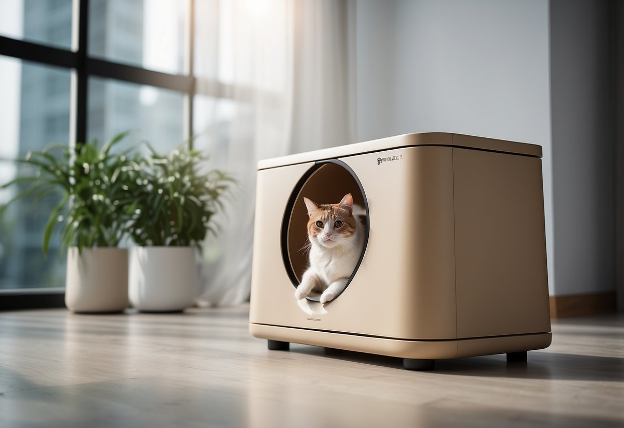 A sleek, modern cat litter box furniture piece sits in a clean, well-lit room. The Amazon logo is subtly incorporated into the design