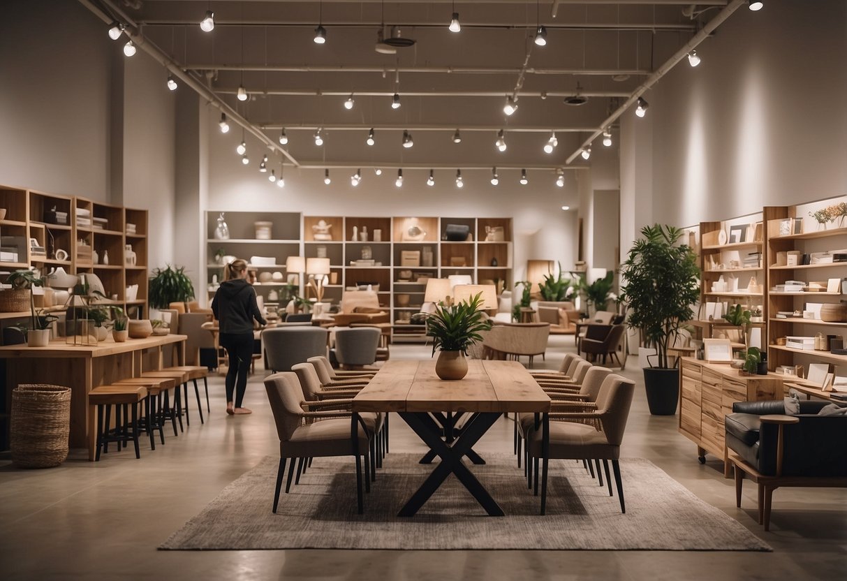 Customers browsing through a variety of affordable furniture options in a spacious and well-lit shop. Clear signage and organized displays make it easy to find what they need