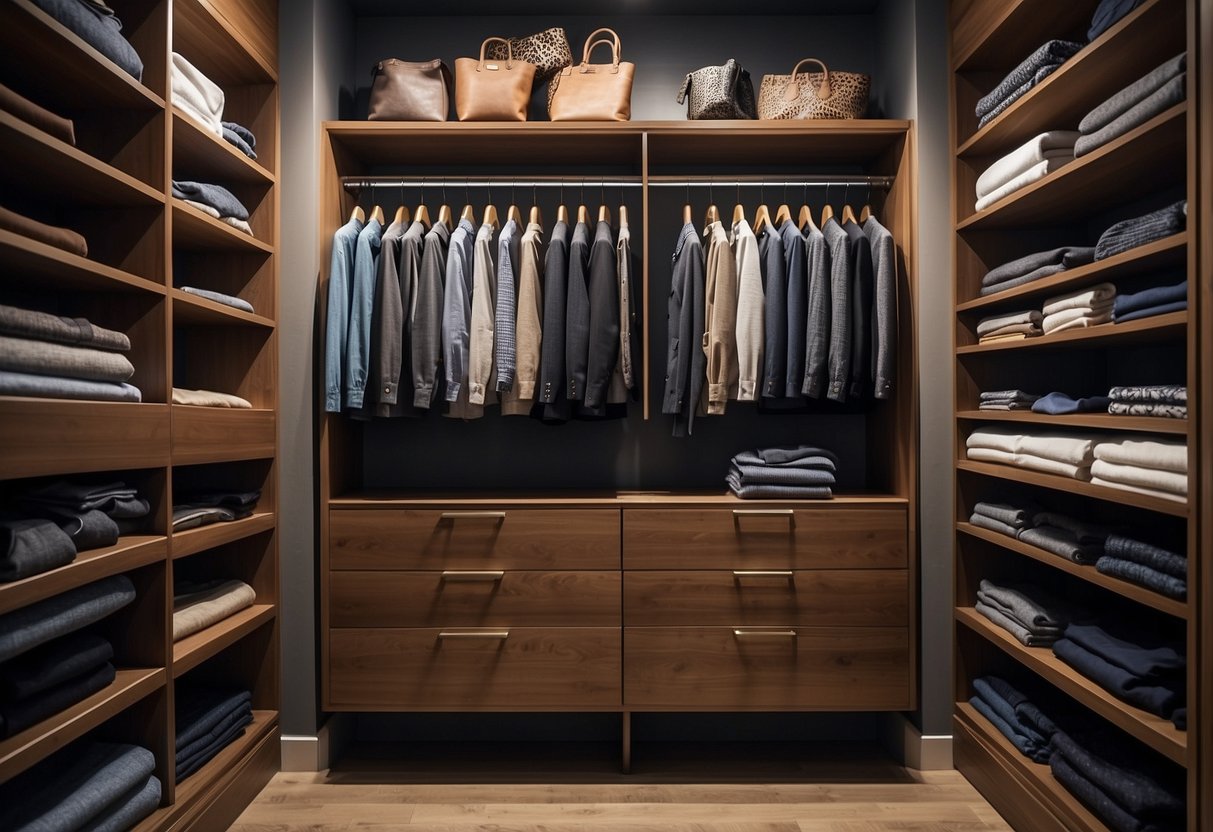 A man's wardrobe with organized shelves and drawers, neatly arranged clothing and accessories, and a clean and well-maintained appearance
