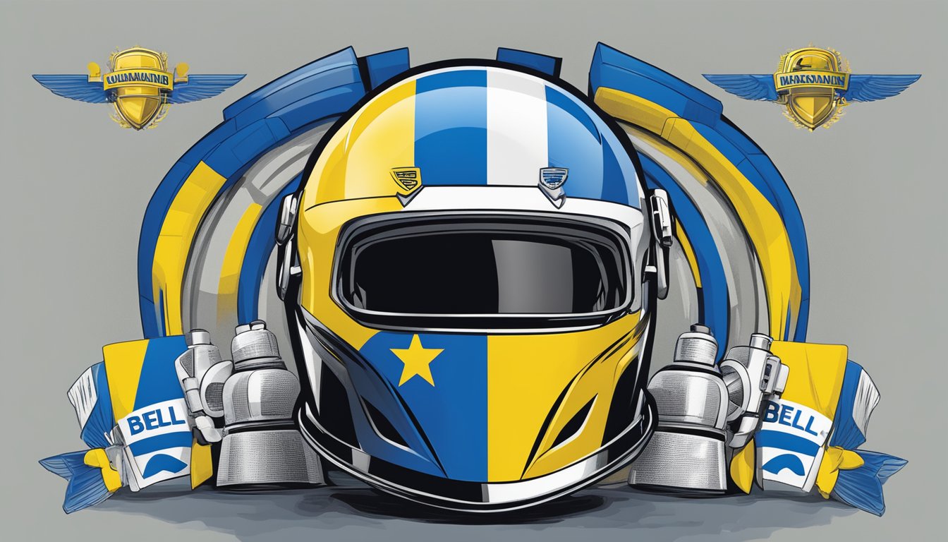 A Bell Helmets logo displayed alongside the Ukrainian flag, with supportive messaging in bold lettering