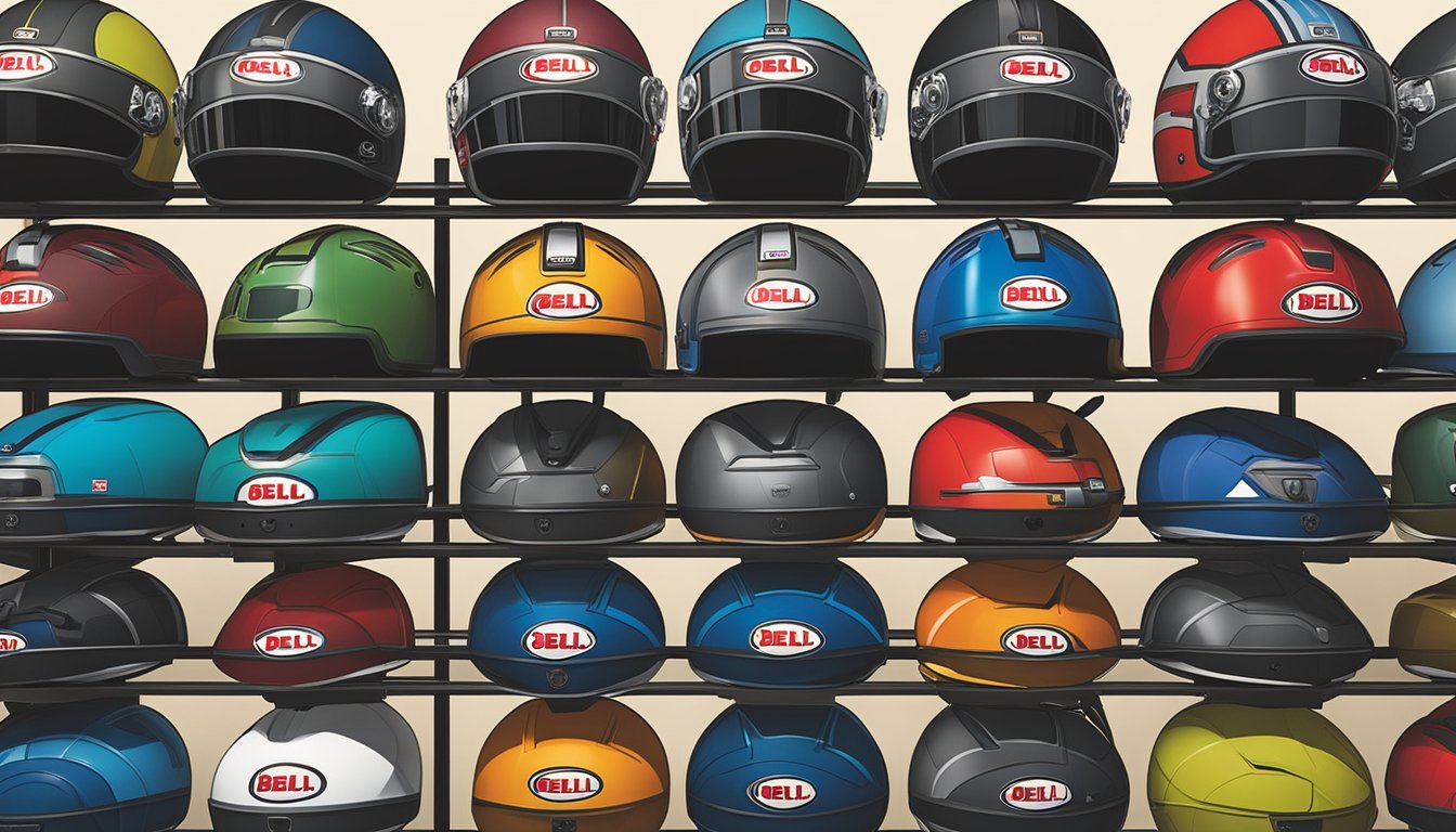 A group of Bell Helmets are displayed in a well-lit showroom, showcasing various designs and colors. The company logo is prominently featured, and the helmets are arranged neatly on shelves