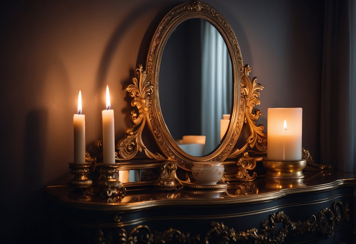 An ornate vanity with a matching mirrored dresser, reflecting the soft glow of candlelight in a dimly lit room