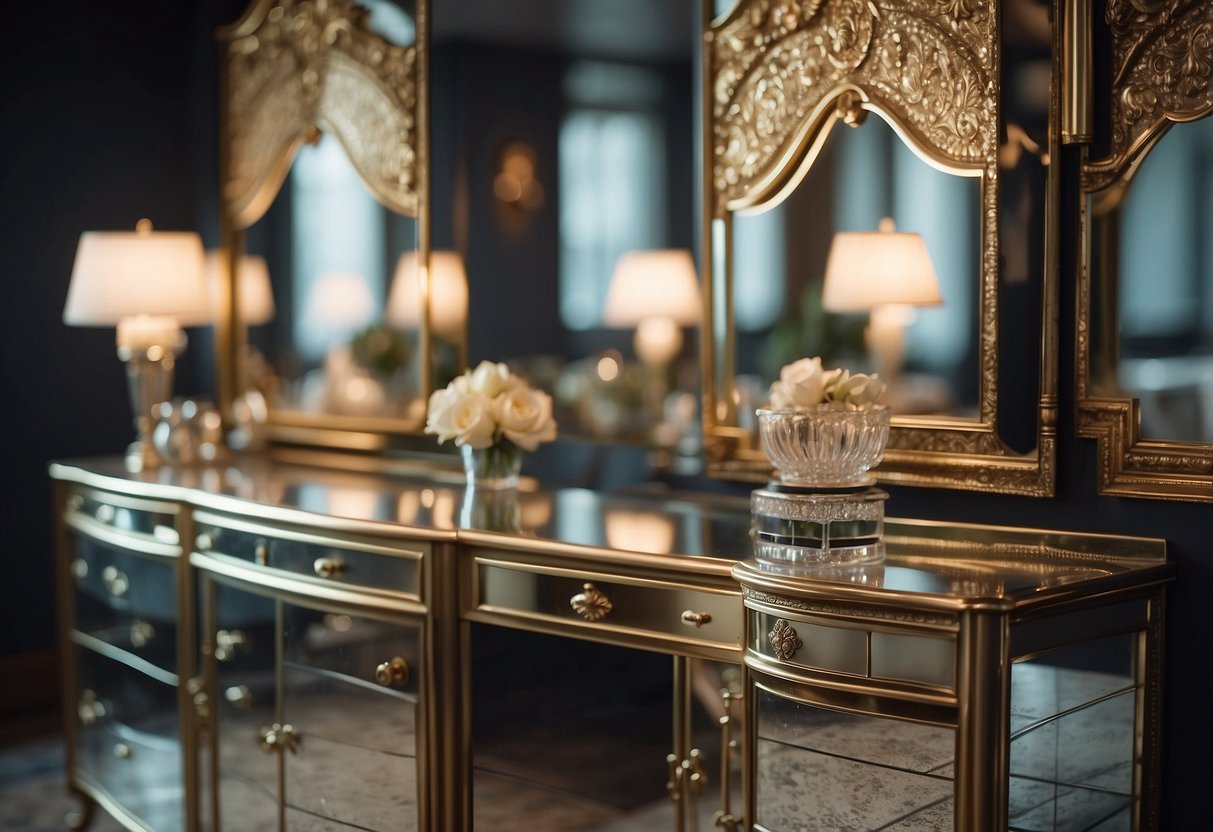 The antique mirrored furniture gleams in the soft light, reflecting the intricate designs and adding a touch of vintage charm to the room