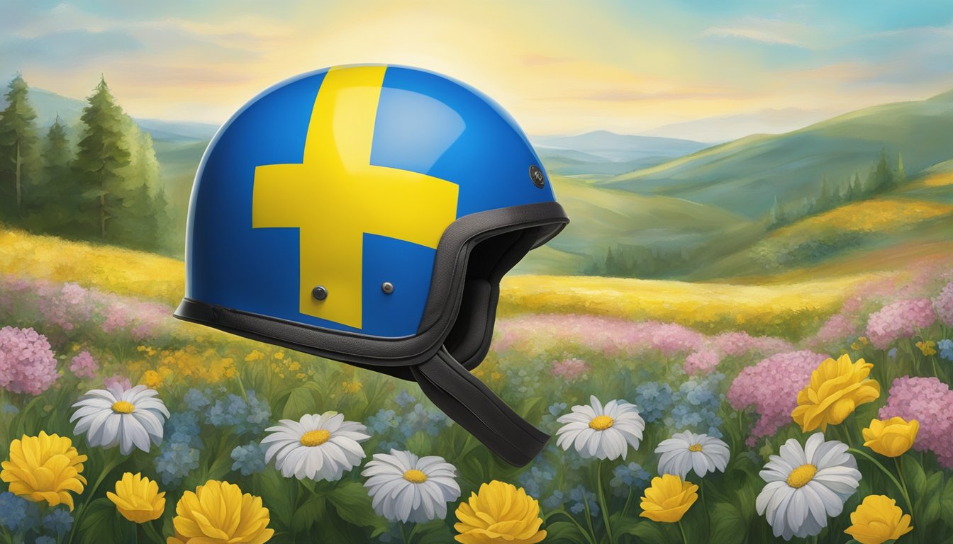 Bell Helmets' Support for Ukraine: A helmet with the Ukrainian flag displayed prominently, surrounded by flowers and a peaceful landscape