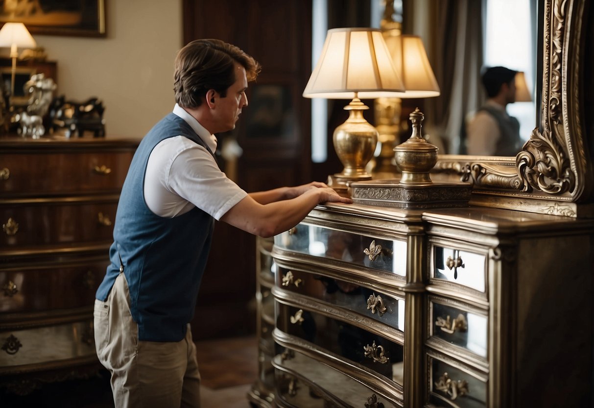 A person carefully polishes a vintage mirrored dresser, surrounded by other antique furniture and decorative objects