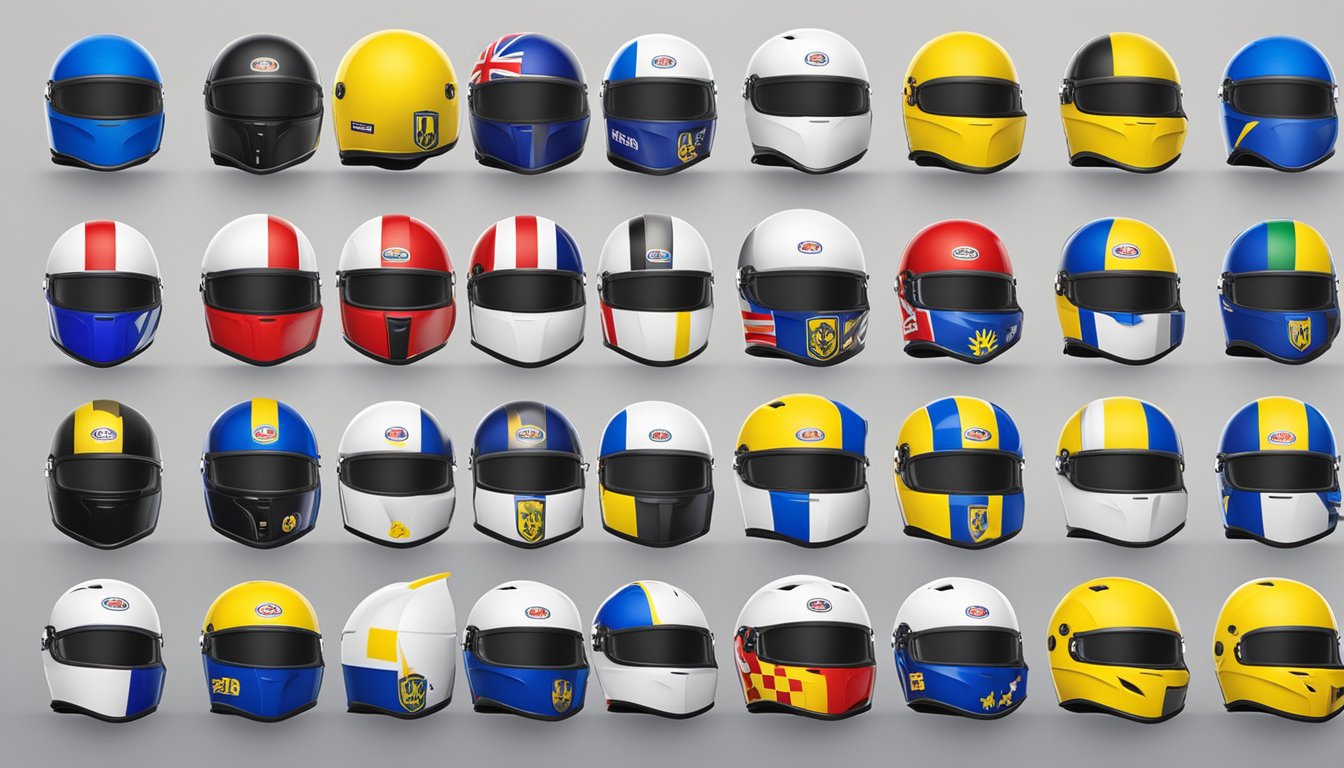 Bell Helmets supports Ukraine with product contributions. Display a collection of helmets with Ukrainian flag decals and a donation box