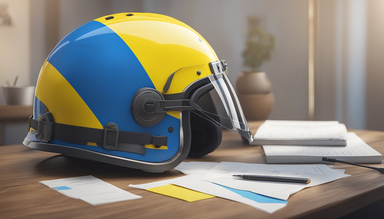 A helmet with a Ukrainian flag design sits on a table with a supportive message from Bell Helmets