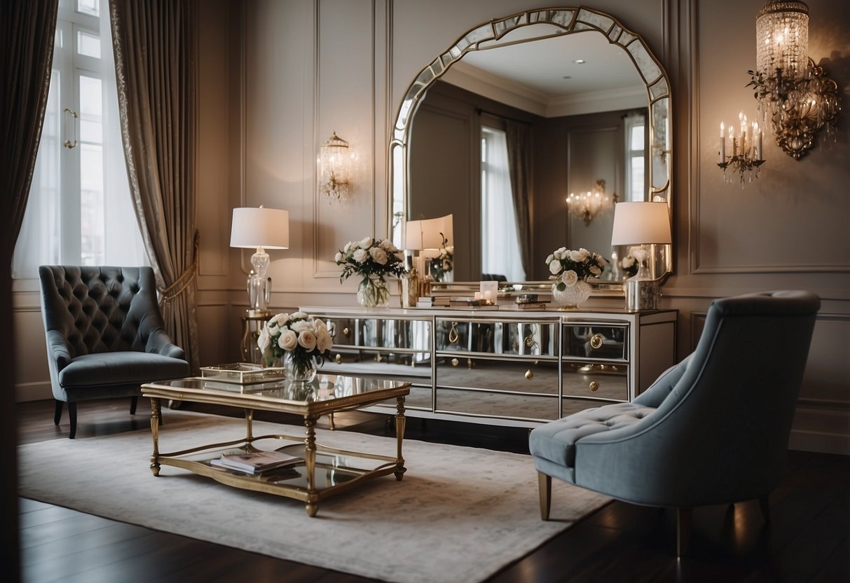 An elegant room with antique mirrored furniture arranged in a stylish and functional manner, creating a sense of timeless beauty and sophistication