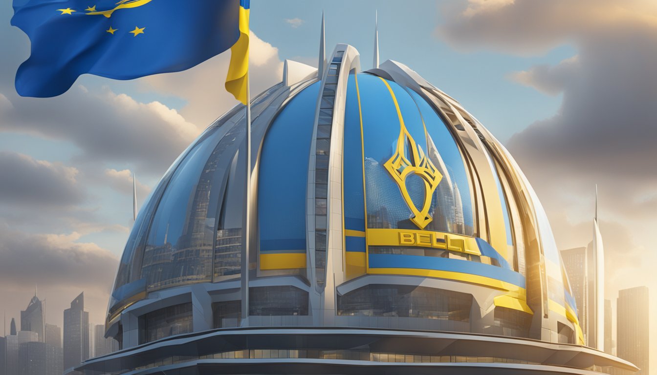 Bell Helmets supports Ukraine. A futuristic cityscape with the Bell Helmets logo prominently displayed on a building, surrounded by Ukrainian flags and symbols of support