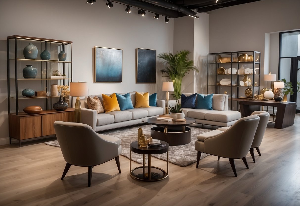 A showroom filled with sleek, modern furniture pieces in various styles and colors, arranged in tasteful displays. Bright lighting highlights the quality craftsmanship of Arturo's Furniture Collections