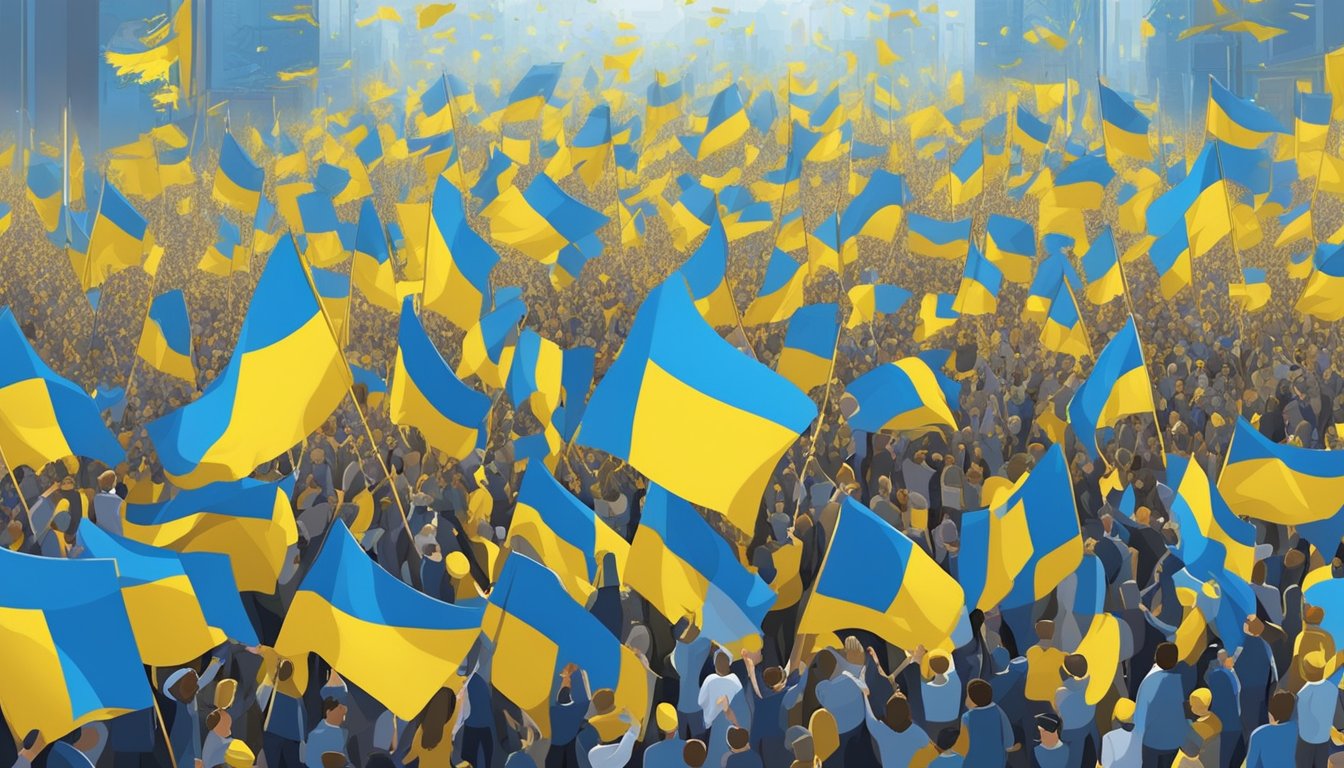 A crowd gathers, waving Ukrainian flags and holding signs with messages of support. Blue and yellow ribbons adorn the surrounding area