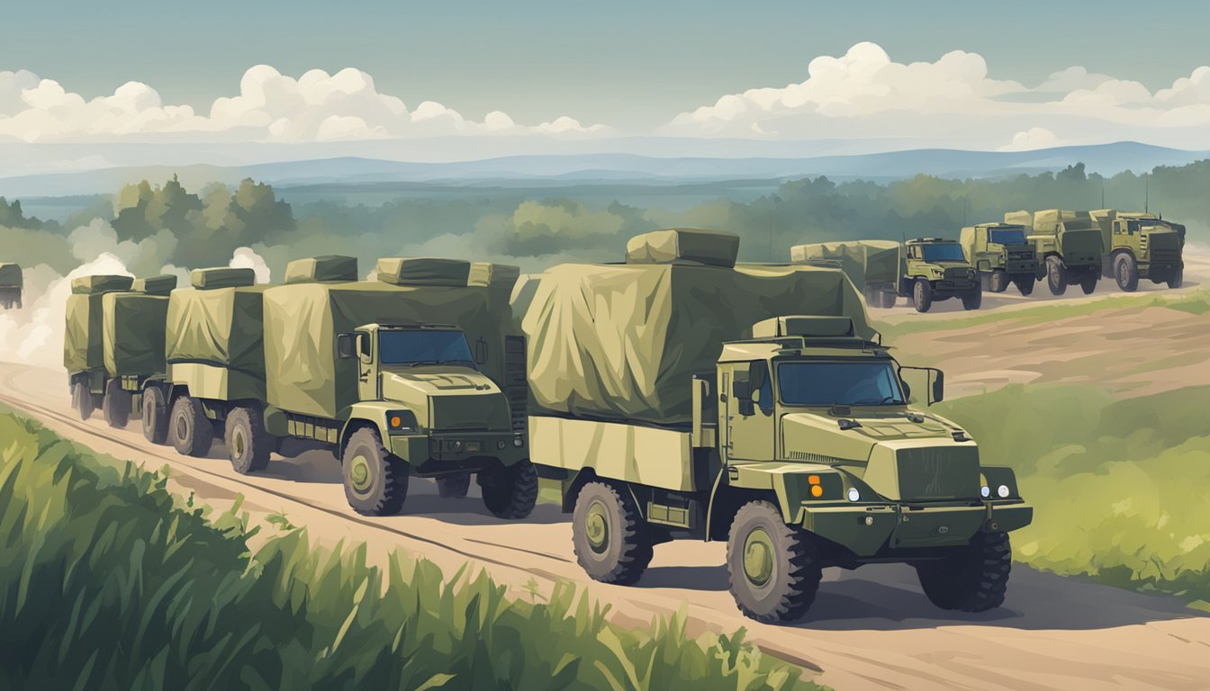 A convoy of military vehicles delivers supplies to Ukraine's border. Support and Defense logos are prominently displayed on the trucks