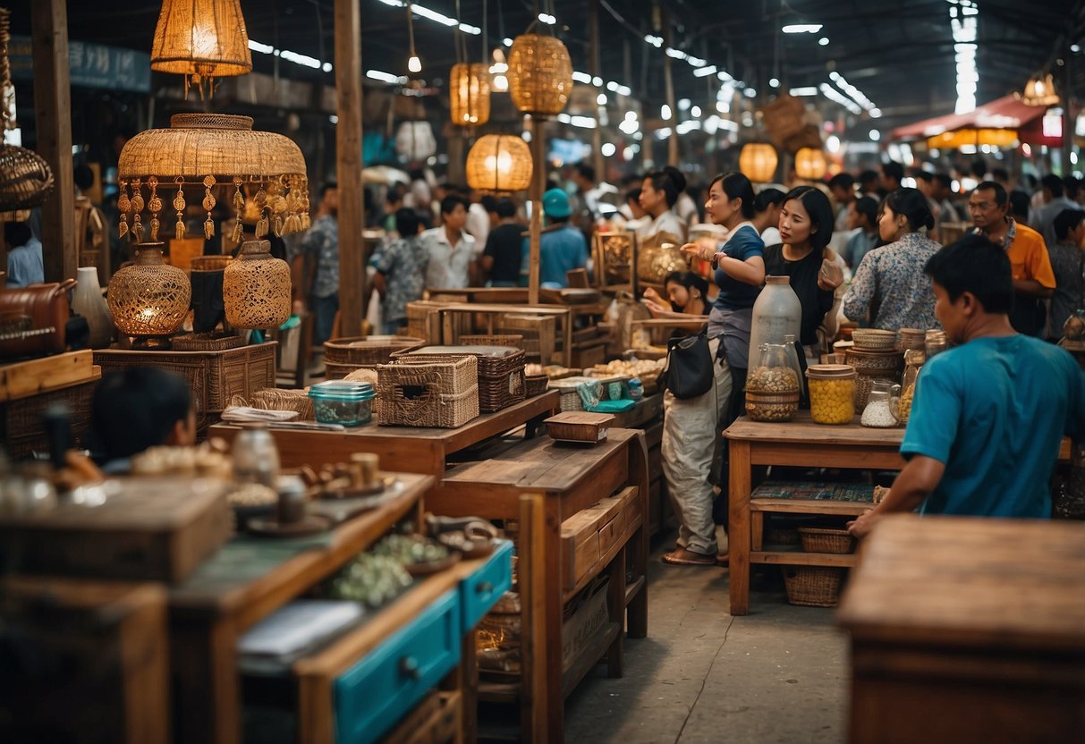 A bustling furniture market in Pangkalpinang, showcasing a variety of Asian-inspired furniture pieces and decor