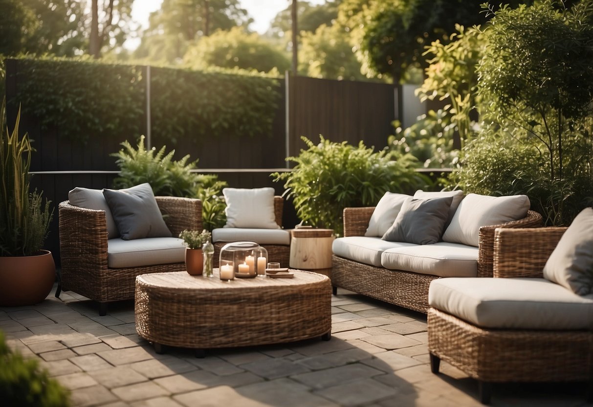 A cozy outdoor patio set with modern, sleek designs and specialized features, surrounded by lush greenery and warm natural lighting