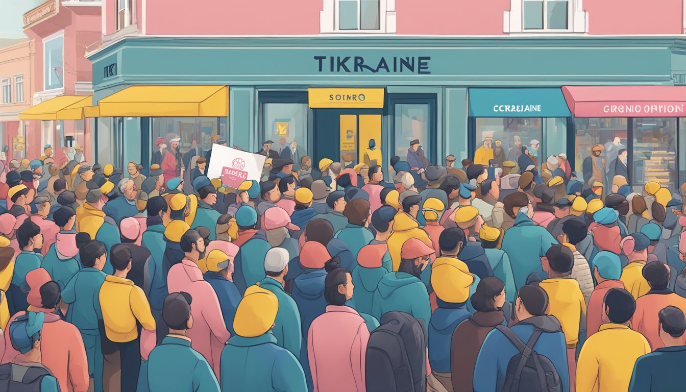 A crowd gathers around a Giro store, some holding signs in support of Ukraine. Others debate the issue, creating a diverse range of perspectives and public opinion