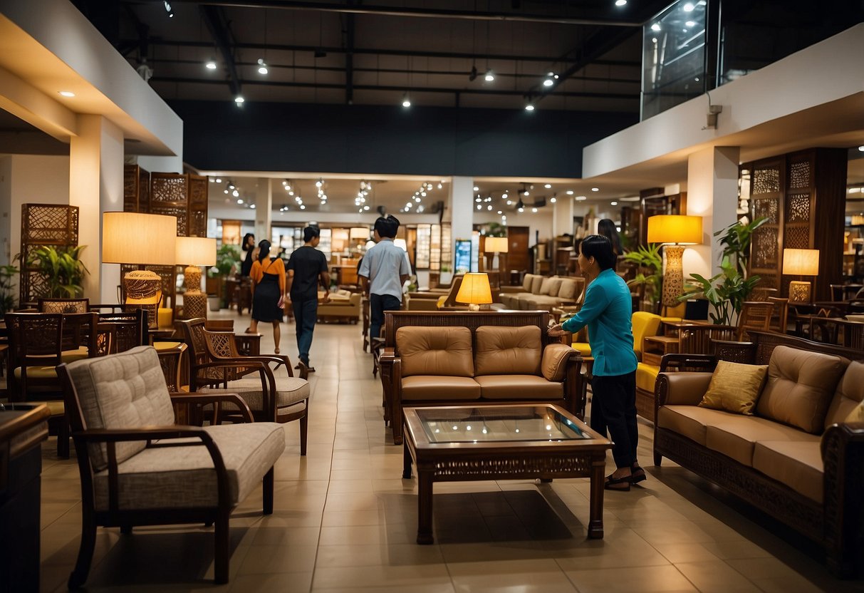 Customers browsing through rows of modern and traditional furniture in Pangkal Pinang's Asia Furniture store